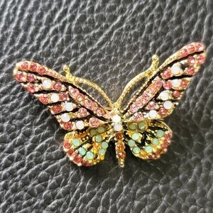 Gorgeous Butterfly Brooch with Pink, Green, & Amber Rhinestones